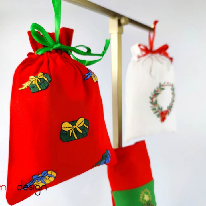   Small red Christmas bag with gift embroidery